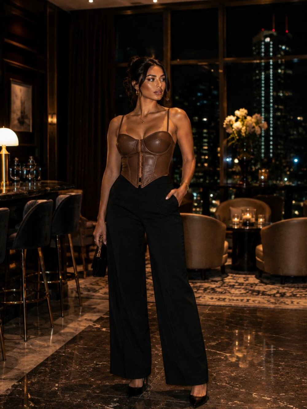 Windsor Brown Faux Leather Corset Bustier Top Size M
